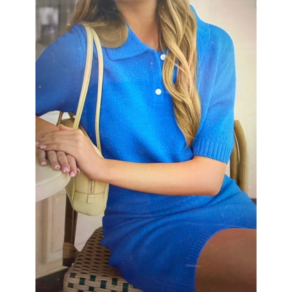 Tankaneo Womens 2 Piece Knit Set Royal Blue Polo Top Mini Skirt M7D740 Size S